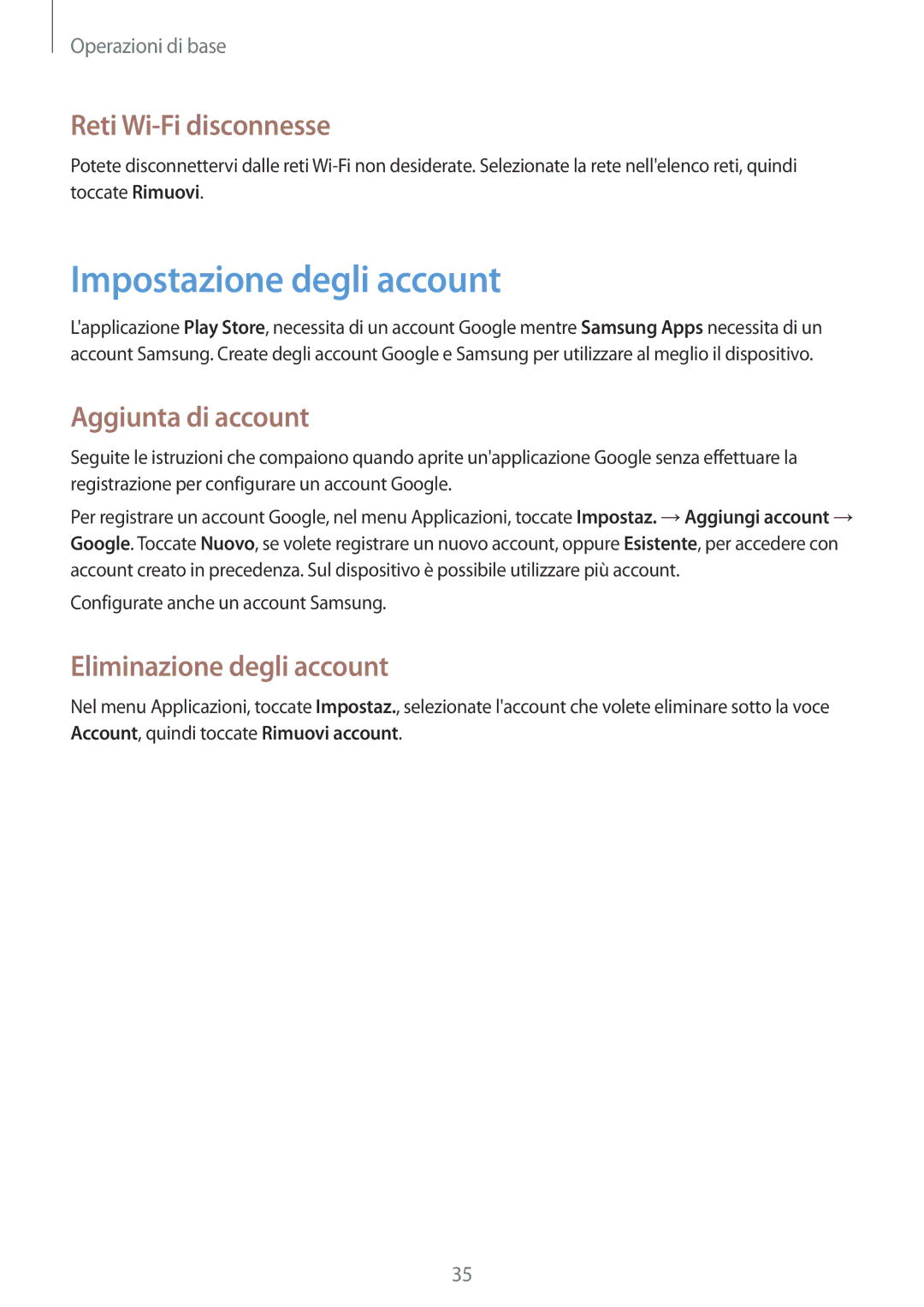 Samsung GT-S7710TAATIM Impostazione degli account, Reti Wi-Fi disconnesse, Aggiunta di account, Eliminazione degli account 