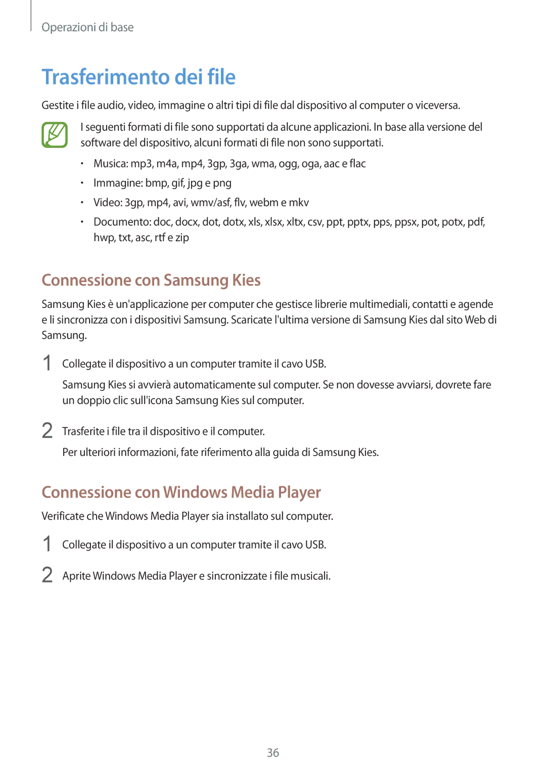 Samsung GT-S7710KRAITV manual Trasferimento dei file, Connessione con Samsung Kies, Connessione con Windows Media Player 