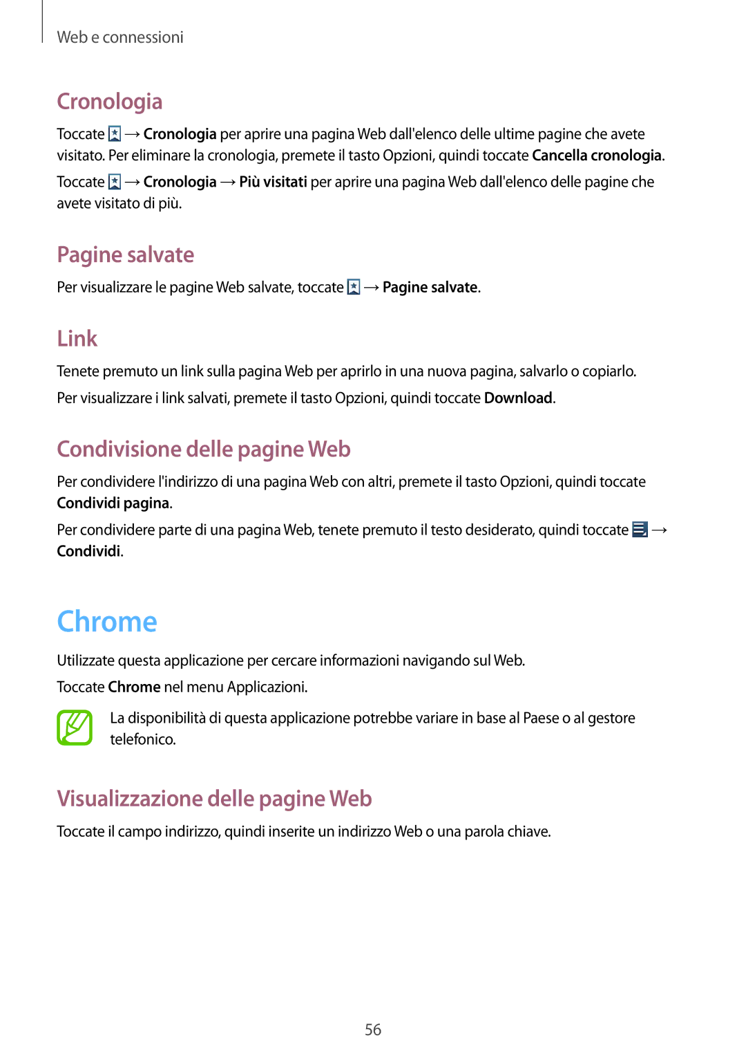 Samsung GT-S7710TAAXEO, GT-S7710KRAITV manual Chrome, Cronologia, Pagine salvate, Link, Condivisione delle pagine Web 