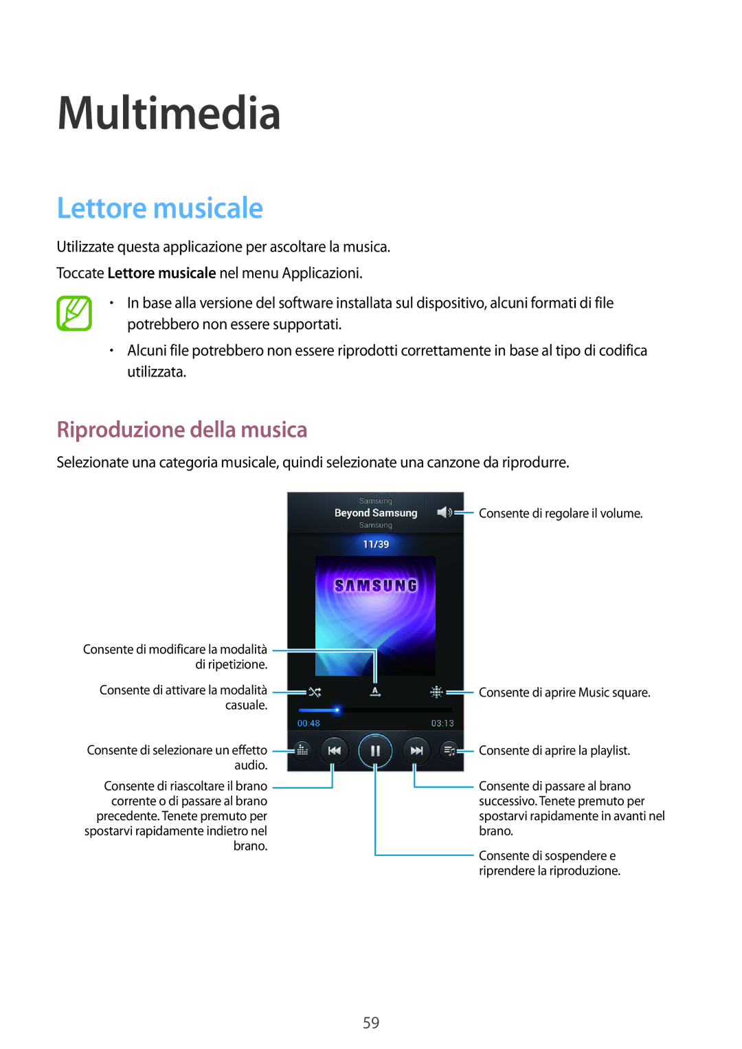 Samsung GT-S7710TAATIM, GT-S7710KRAITV, GT-S7710TAAITV manual Multimedia, Lettore musicale, Riproduzione della musica 