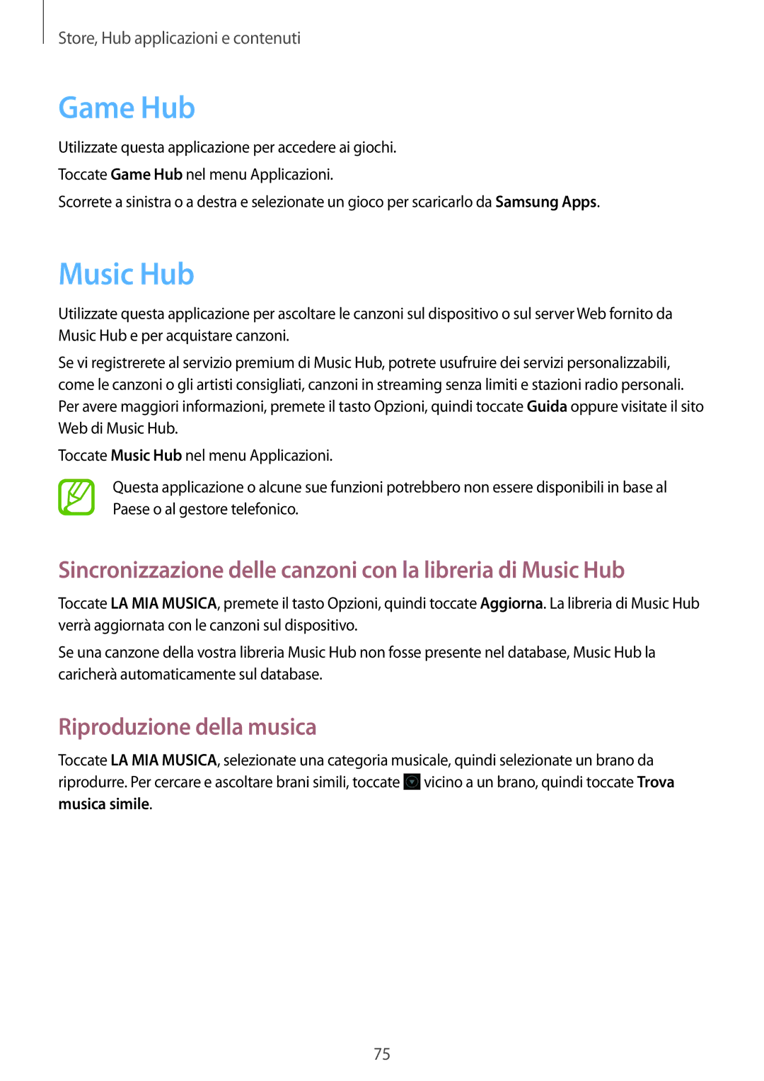 Samsung GT-S7710TAAPRT, GT-S7710KRAITV manual Game Hub, Sincronizzazione delle canzoni con la libreria di Music Hub 