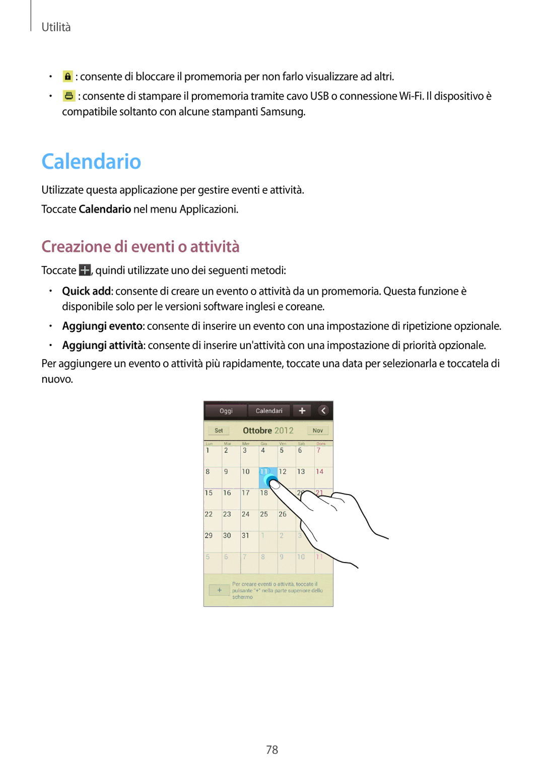 Samsung GT-S7710KRAITV, GT-S7710TAAITV, GT-S7710TAAXEO, GT-S7710TAAPRT manual Calendario, Creazione di eventi o attività 
