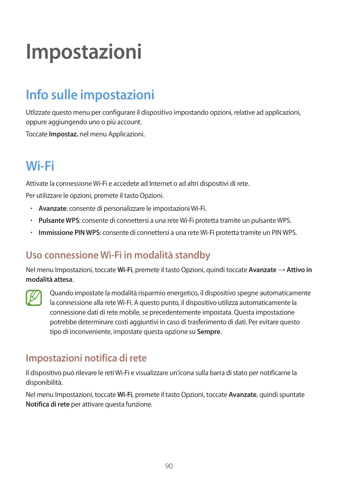 Samsung GT-S7710KRAITV manual Impostazioni, Info sulle impostazioni, Uso connessione Wi-Fi in modalità standby 