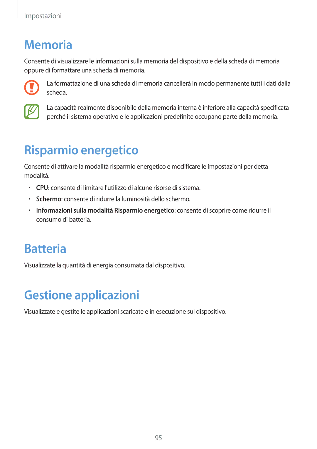 Samsung GT-S7710TAATIM, GT-S7710KRAITV, GT-S7710TAAITV manual Memoria, Risparmio energetico, Batteria, Gestione applicazioni 