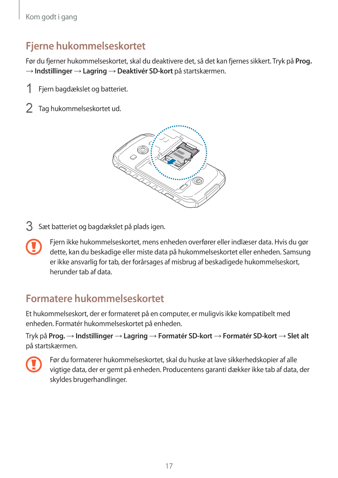 Samsung GT-S7710KRANEE, GT-S7710KRATEN, GT-S7710TAATEN, GT-S7710TAANDN Fjerne hukommelseskortet, Formatere hukommelseskortet 