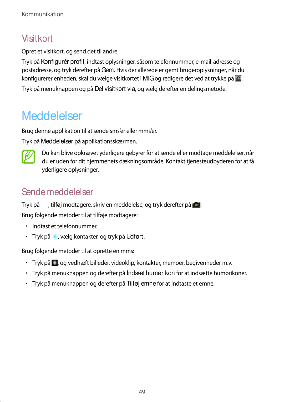 Samsung GT-S7710TAATEN, GT-S7710KRATEN, GT-S7710TAANDN, GT-S7710TAANEE manual Meddelelser, Visitkort, Sende meddelelser 