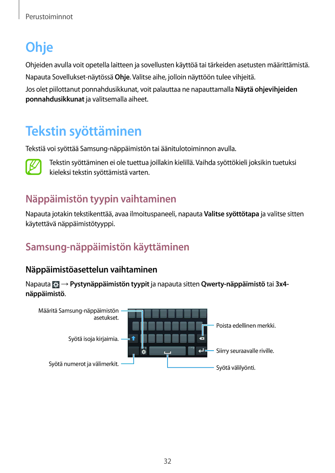 Samsung GT-S7710TAANDN manual Ohje, Tekstin syöttäminen, Näppäimistön tyypin vaihtaminen, Samsung-näppäimistön käyttäminen 