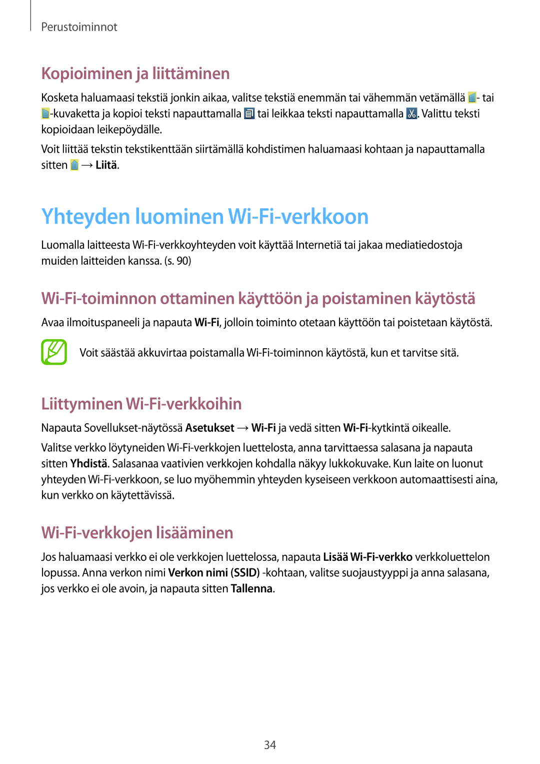 Samsung GT-S7710KRANDN manual Yhteyden luominen Wi-Fi-verkkoon, Kopioiminen ja liittäminen, Liittyminen Wi-Fi-verkkoihin 