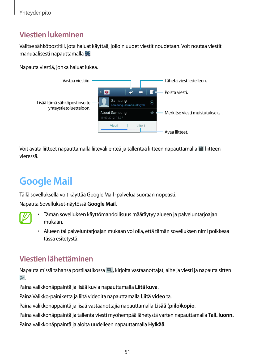 Samsung GT-S7710TAANEE, GT-S7710KRATEN, GT-S7710TAATEN, GT-S7710TAANDN, GT-S7710KRANDN manual Google Mail, Viestien lukeminen 