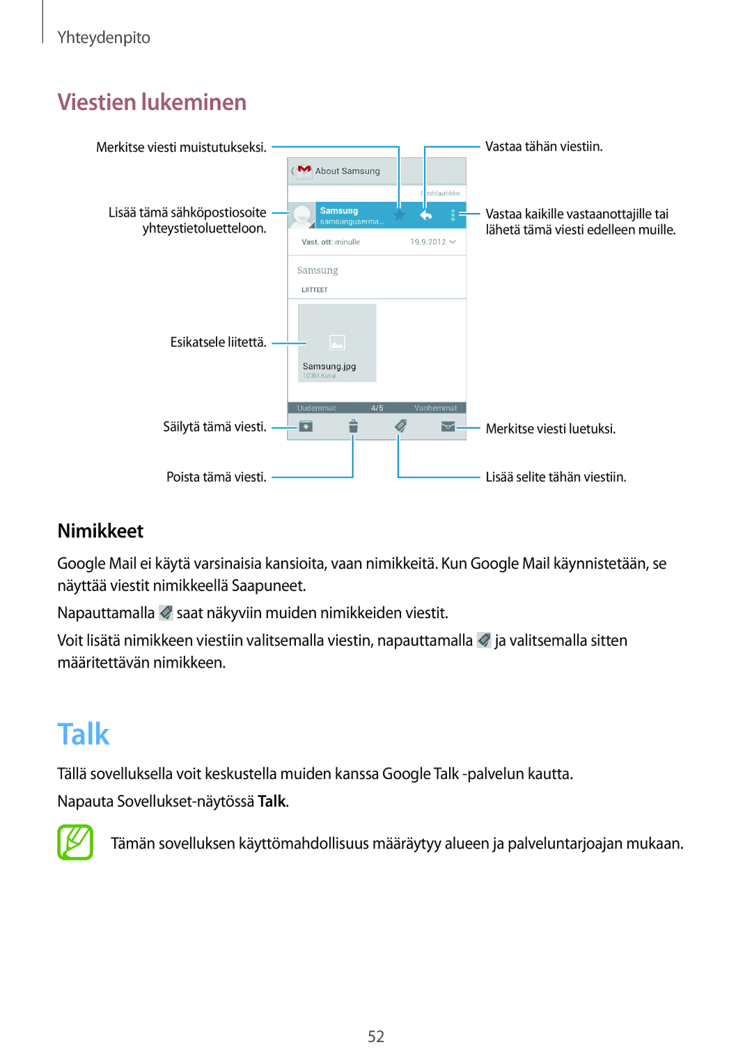 Samsung GT-S7710KRANDN, GT-S7710KRATEN, GT-S7710TAATEN, GT-S7710TAANDN, GT-S7710TAANEE, GT-S7710KRANEE manual Talk, Nimikkeet 