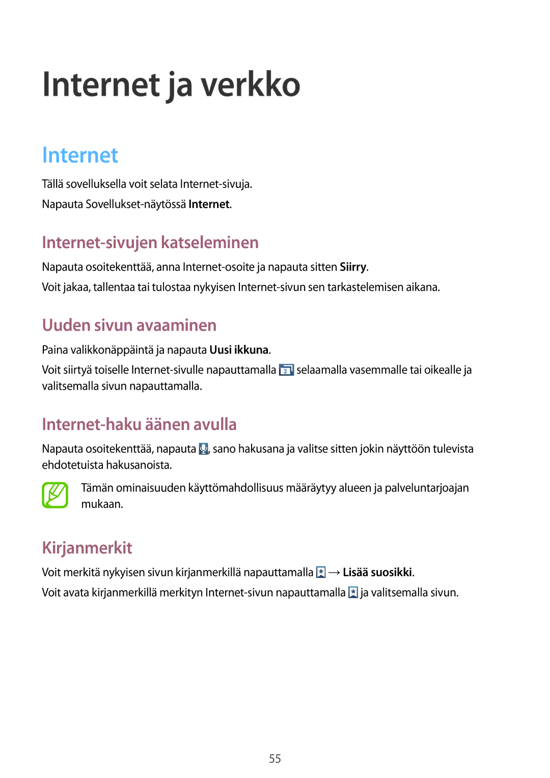 Samsung GT-S7710TAATEN, GT-S7710KRATEN, GT-S7710TAANDN, GT-S7710TAANEE, GT-S7710KRANDN, GT-S7710KRANEE manual Internet ja verkko 