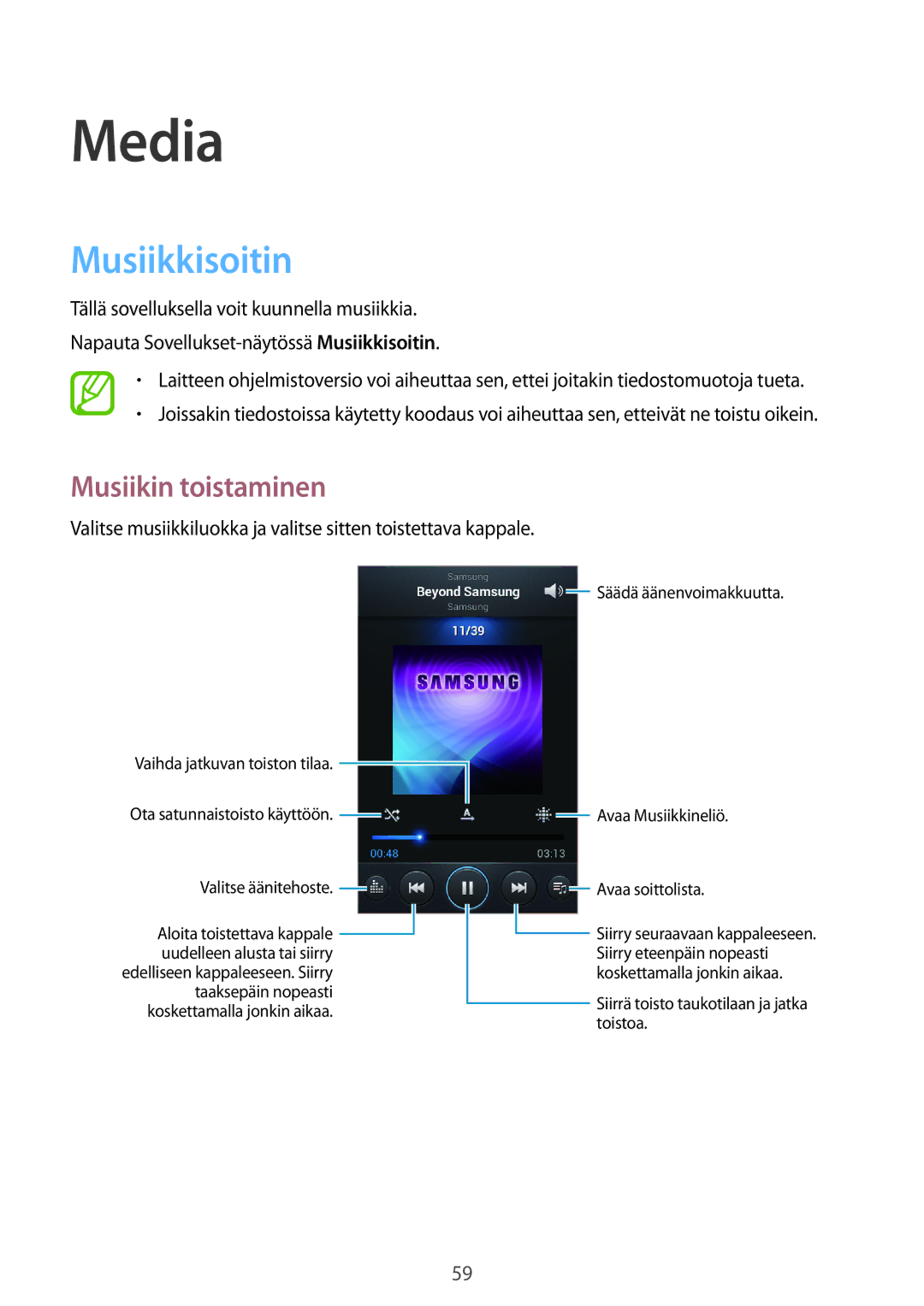 Samsung GT-S7710KRANEE, GT-S7710KRATEN, GT-S7710TAATEN, GT-S7710TAANDN manual Media, Musiikkisoitin, Musiikin toistaminen 