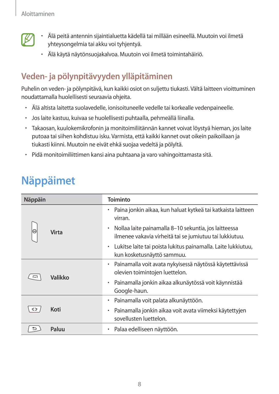 Samsung GT-S7710TAANDN, GT-S7710KRATEN, GT-S7710TAATEN, GT-S7710TAANEE Näppäimet, Veden- ja pölynpitävyyden ylläpitäminen 