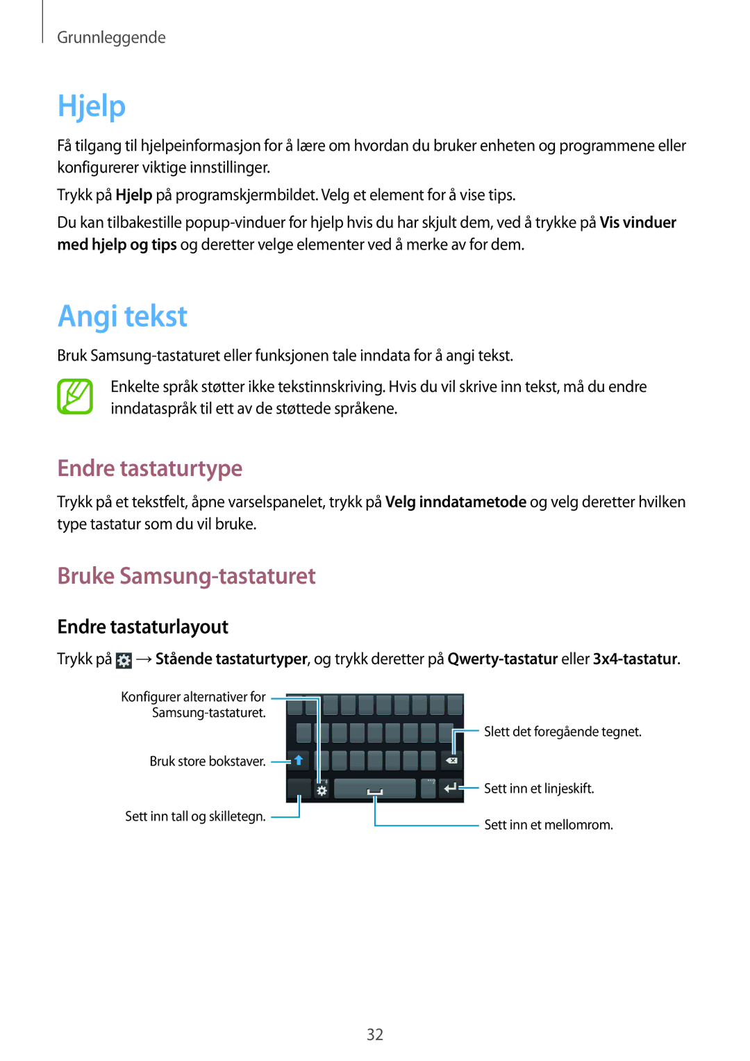 Samsung GT-S7710TAANDN manual Hjelp, Angi tekst, Endre tastaturtype, Bruke Samsung-tastaturet, Endre tastaturlayout 