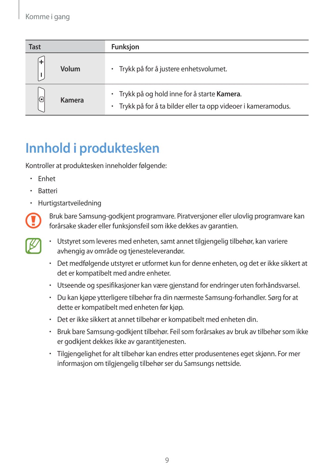 Samsung GT-S7710TAANEE, GT-S7710KRATEN, GT-S7710TAATEN, GT-S7710TAANDN Innhold i produktesken, Tast Funksjon Volum, Kamera 