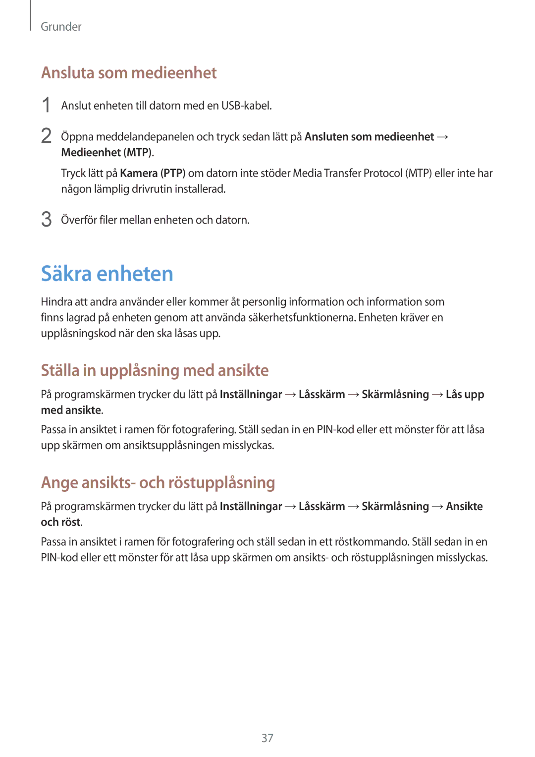 Samsung GT-S7710TAATEN manual Säkra enheten, Ansluta som medieenhet, Ställa in upplåsning med ansikte, Medieenhet MTP 