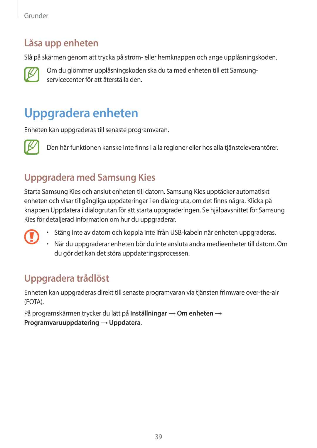 Samsung GT-S7710TAANEE manual Uppgradera enheten, Låsa upp enheten, Uppgradera med Samsung Kies, Uppgradera trådlöst 