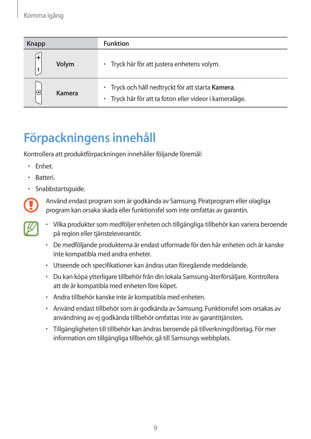 Samsung GT-S7710TAANEE, GT-S7710KRATEN, GT-S7710TAATEN, GT-S7710TAANDN Förpackningens innehåll, Knapp Funktion Volym, Kamera 