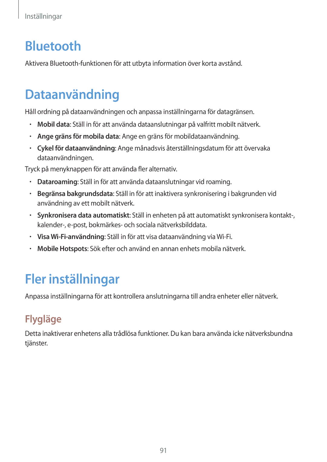 Samsung GT-S7710TAATEN, GT-S7710KRATEN, GT-S7710TAANDN, GT-S7710TAANEE manual Dataanvändning, Fler inställningar, Flygläge 