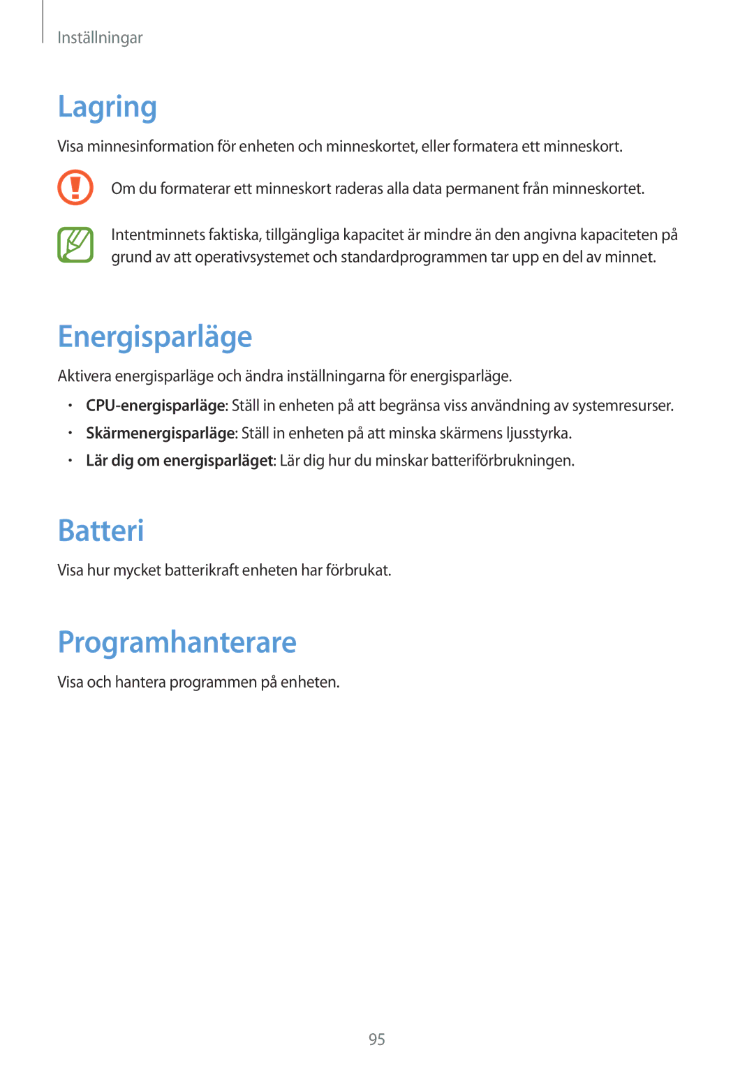 Samsung GT-S7710KRANEE, GT-S7710KRATEN, GT-S7710TAATEN, GT-S7710TAANDN Lagring, Energisparläge, Batteri, Programhanterare 