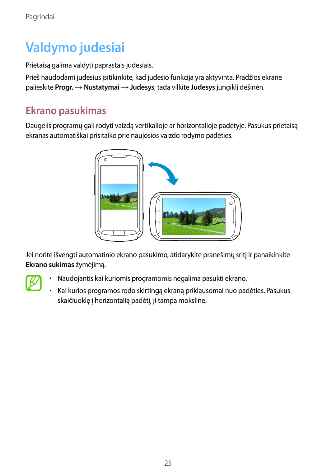 Samsung GT-S7710TAASEB manual Valdymo judesiai, Ekrano pasukimas 