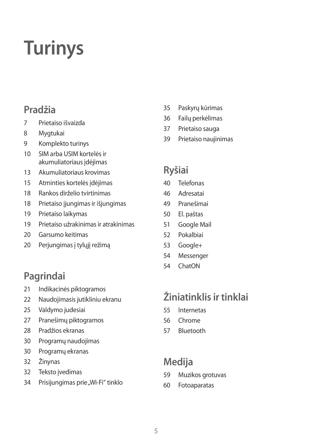 Samsung GT-S7710TAASEB manual Turinys, Pradžia 