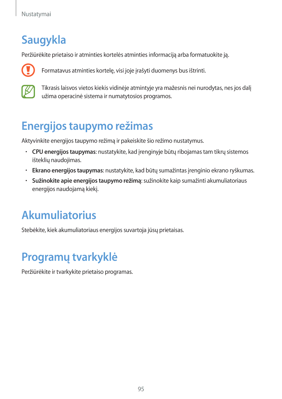 Samsung GT-S7710TAASEB manual Saugykla, Energijos taupymo režimas, Akumuliatorius, Programų tvarkyklė 