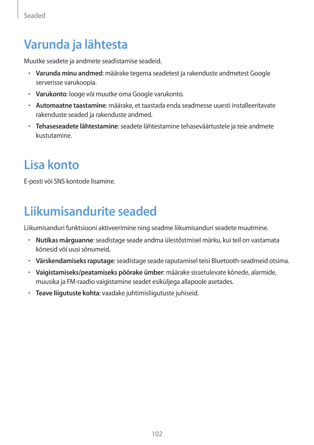 Samsung GT-S7710TAASEB manual Varunda ja lähtesta, Lisa konto, Liikumisandurite seaded 