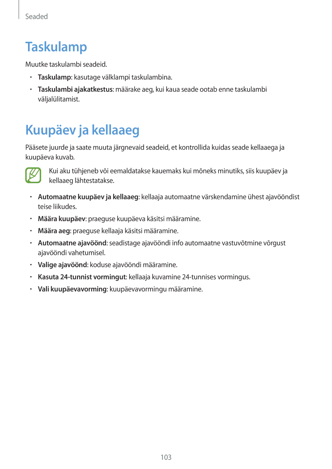 Samsung GT-S7710TAASEB manual Taskulamp, Kuupäev ja kellaaeg 