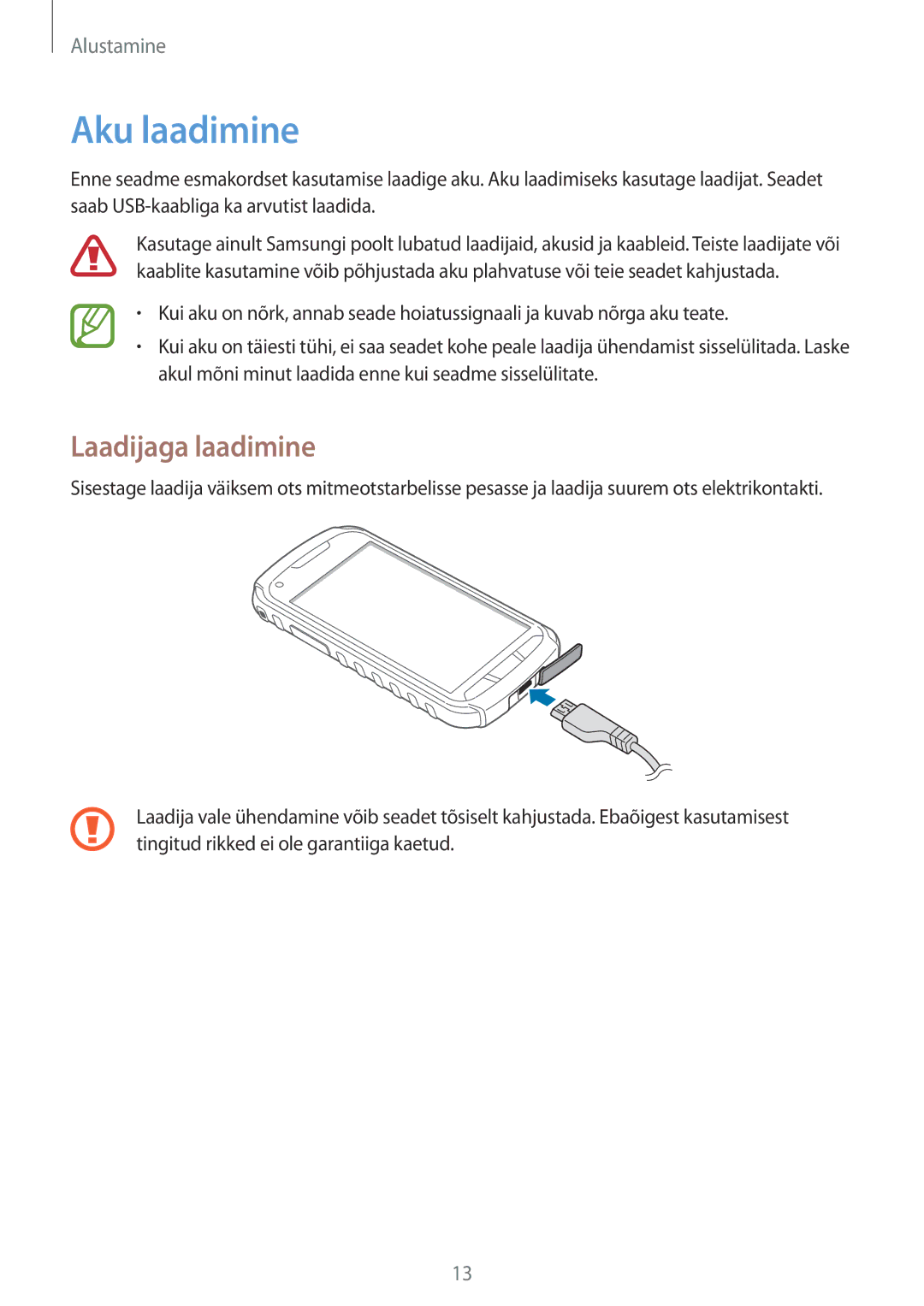 Samsung GT-S7710TAASEB manual Aku laadimine, Laadijaga laadimine 