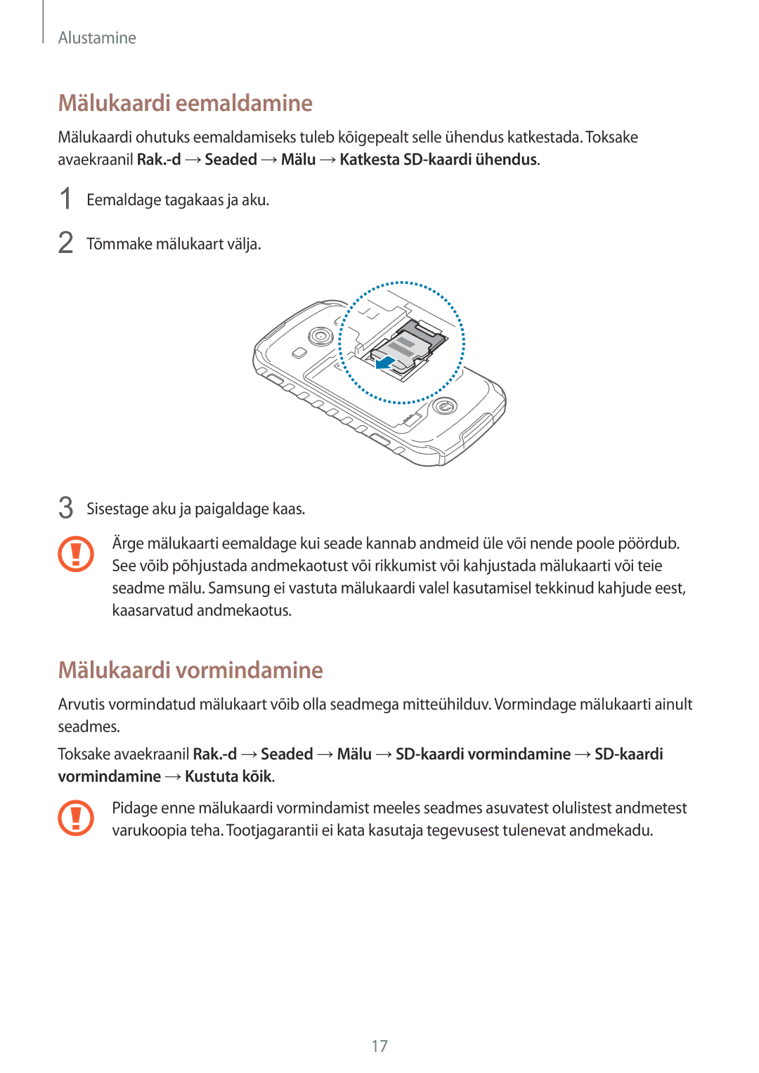 Samsung GT-S7710TAASEB manual Mälukaardi eemaldamine, Mälukaardi vormindamine 