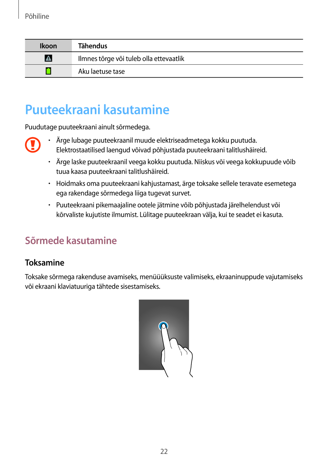 Samsung GT-S7710TAASEB manual Puuteekraani kasutamine, Sõrmede kasutamine, Toksamine 