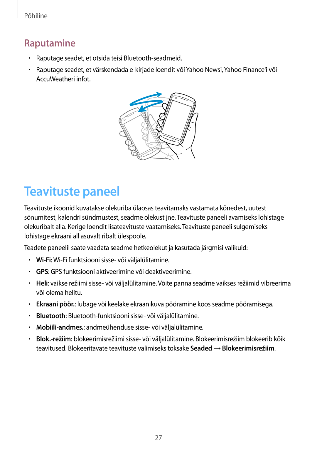 Samsung GT-S7710TAASEB manual Teavituste paneel, Raputamine 