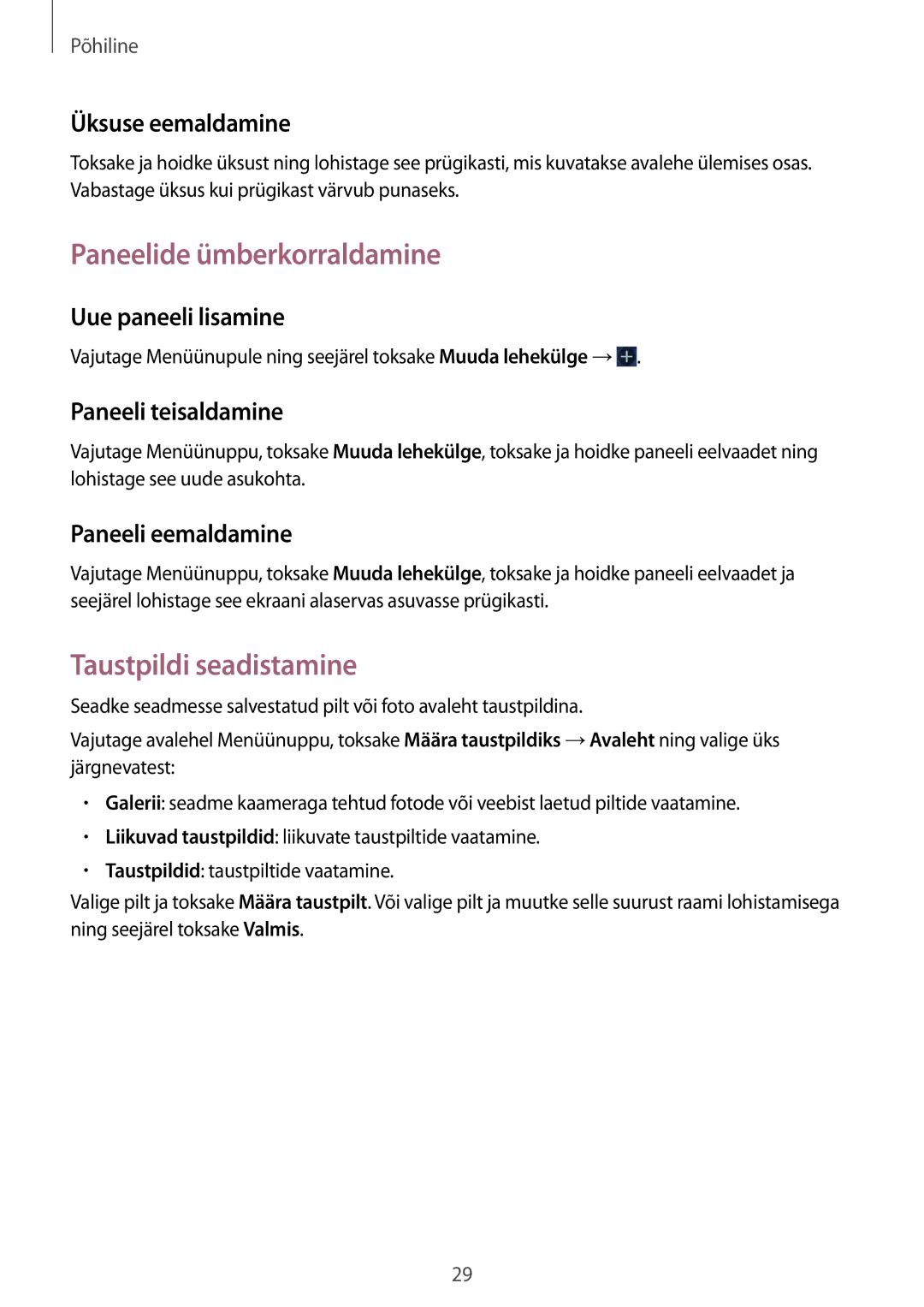 Samsung GT-S7710TAASEB manual Paneelide ümberkorraldamine, Taustpildi seadistamine 