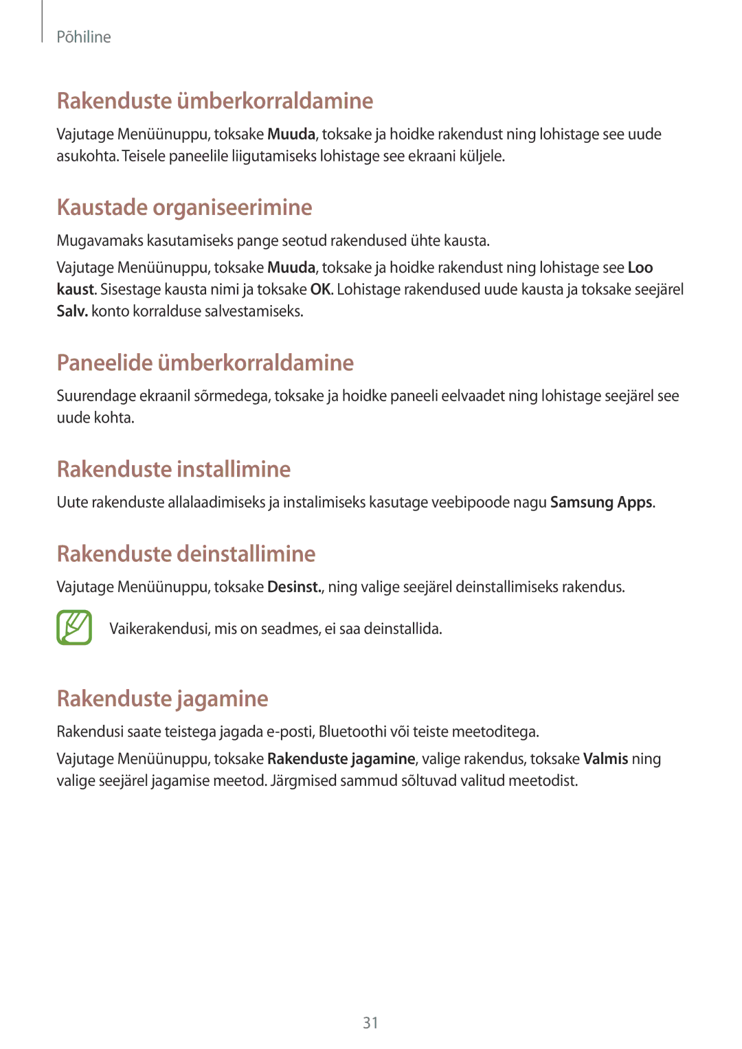 Samsung GT-S7710TAASEB manual Rakenduste ümberkorraldamine, Kaustade organiseerimine, Rakenduste installimine 