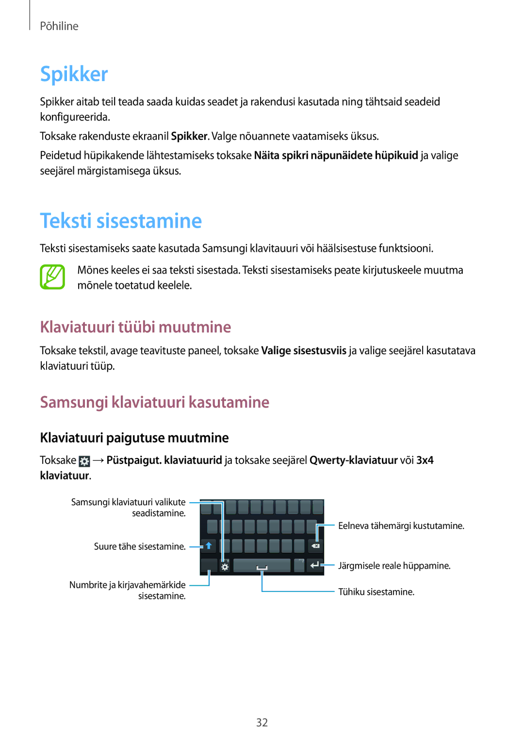 Samsung GT-S7710TAASEB manual Spikker, Teksti sisestamine, Klaviatuuri tüübi muutmine, Samsungi klaviatuuri kasutamine 