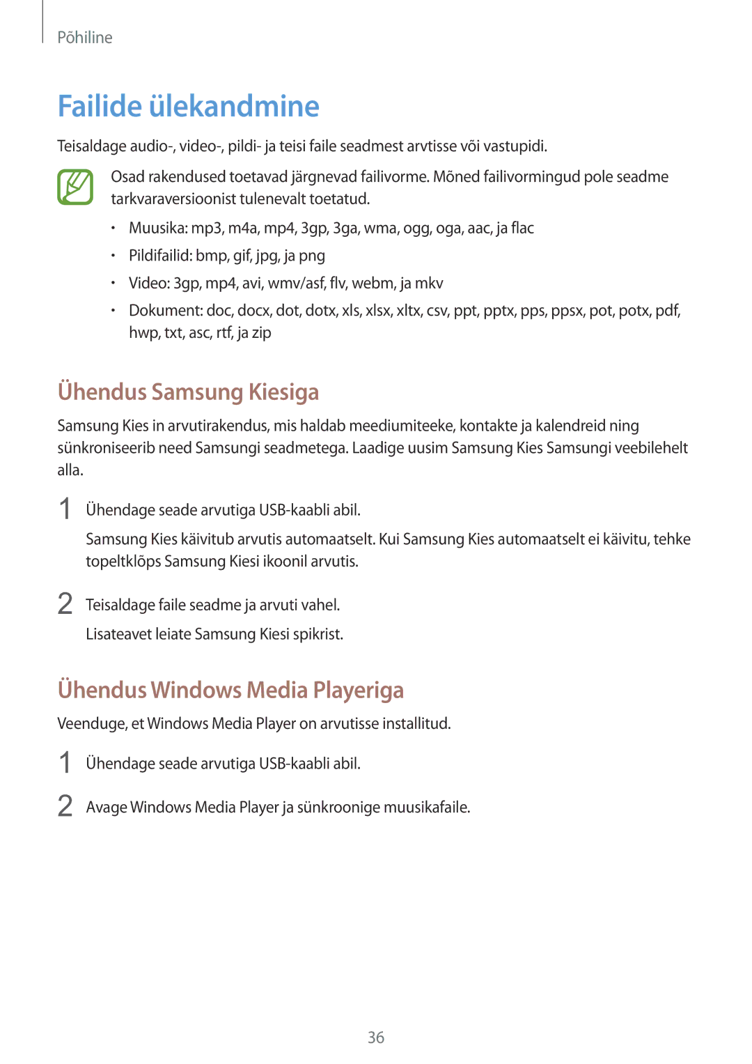 Samsung GT-S7710TAASEB manual Failide ülekandmine, Ühendus Samsung Kiesiga, Ühendus Windows Media Playeriga 