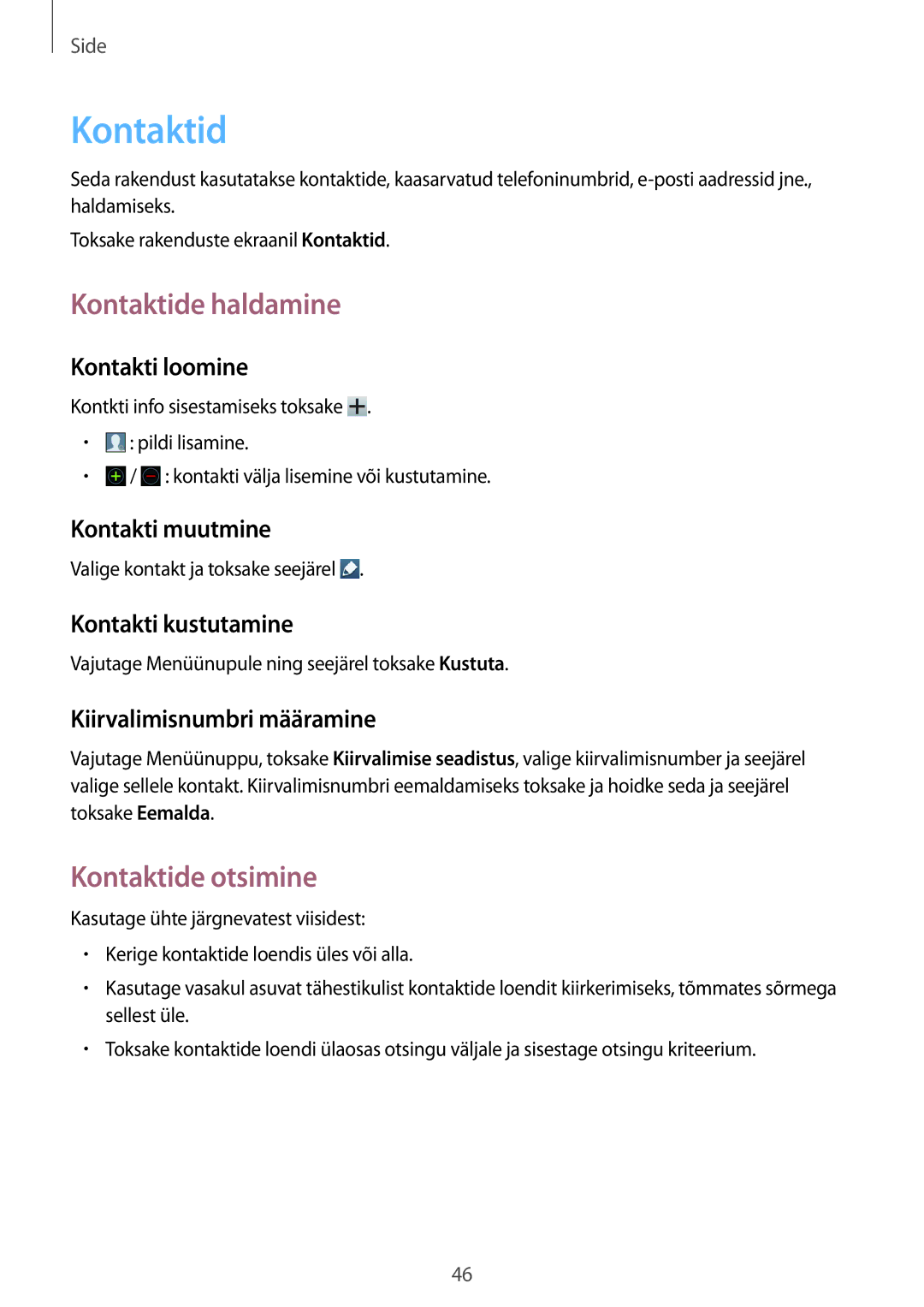 Samsung GT-S7710TAASEB manual Kontaktide haldamine, Kontaktide otsimine 