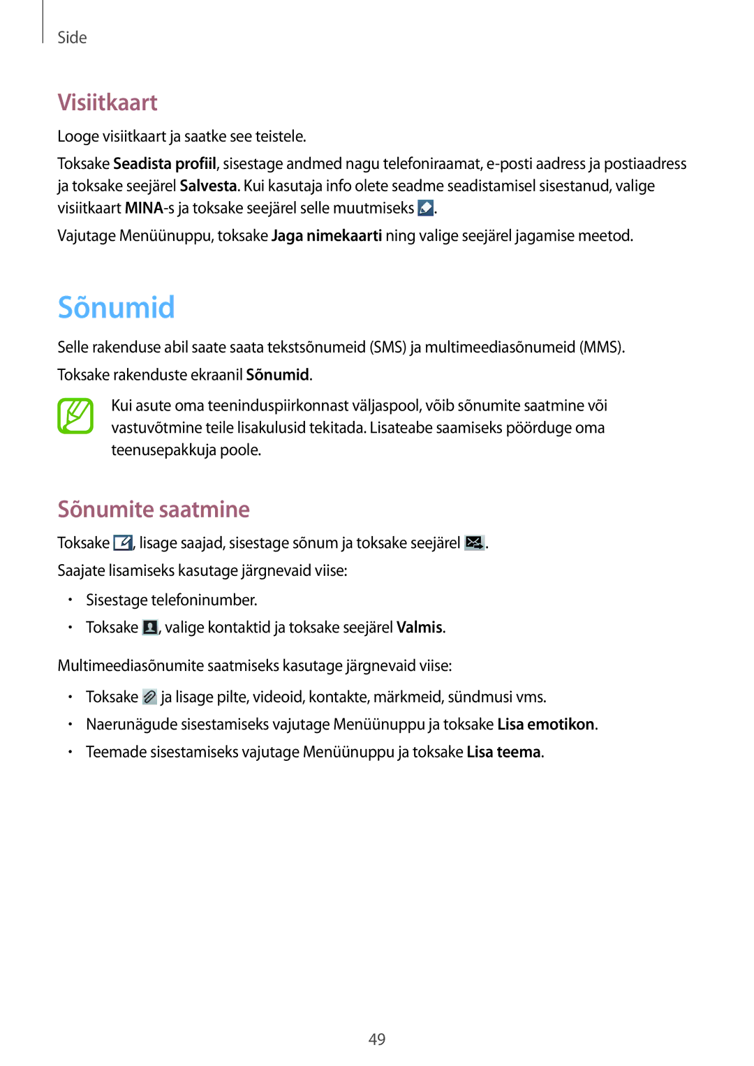 Samsung GT-S7710TAASEB manual Sõnumid, Visiitkaart, Sõnumite saatmine 