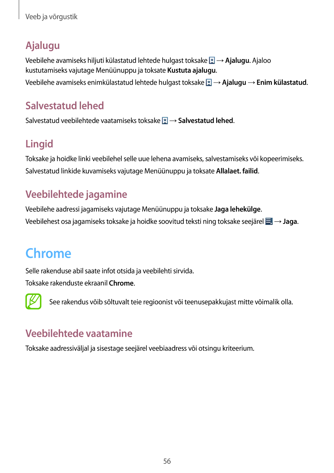 Samsung GT-S7710TAASEB manual Chrome, Ajalugu, Salvestatud lehed, Lingid, Veebilehtede jagamine 