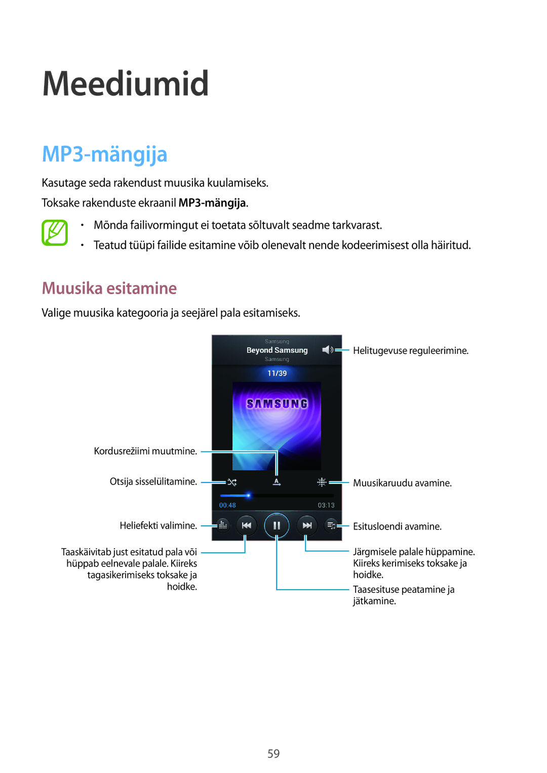 Samsung GT-S7710TAASEB manual Meediumid, MP3-mängija, Muusika esitamine 