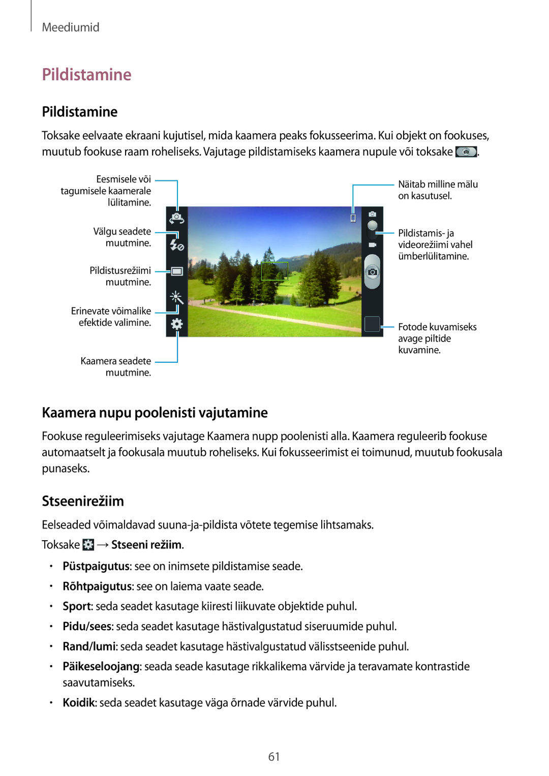 Samsung GT-S7710TAASEB manual Pildistamine, Kaamera nupu poolenisti vajutamine, Stseenirežiim, Toksake →Stseeni režiim 