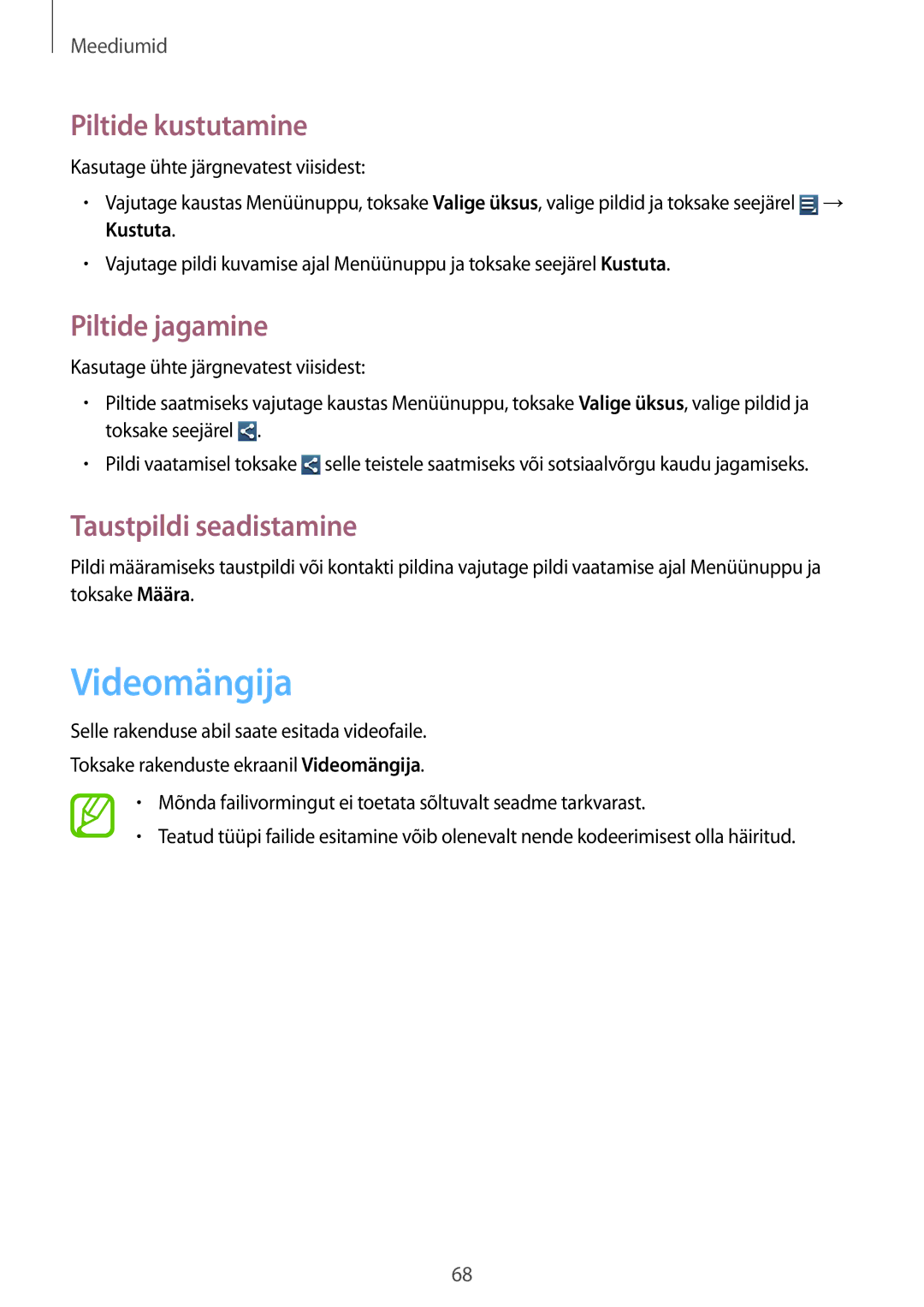 Samsung GT-S7710TAASEB manual Videomängija, Piltide kustutamine, Piltide jagamine 