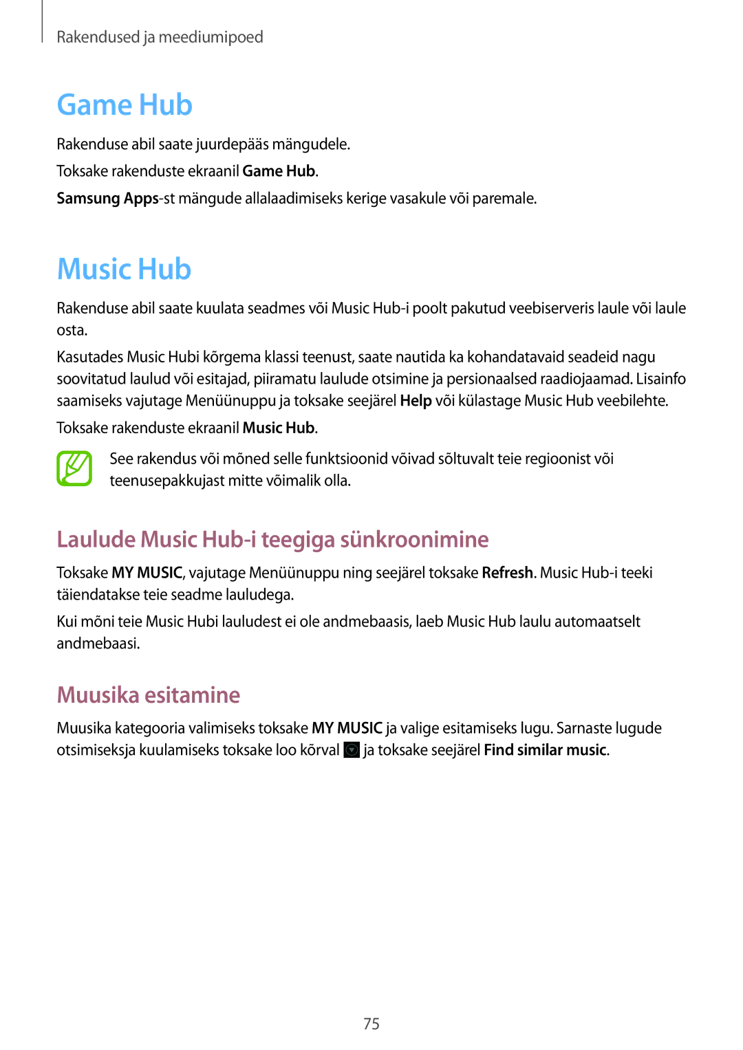 Samsung GT-S7710TAASEB manual Game Hub, Laulude Music Hub-i teegiga sünkroonimine 