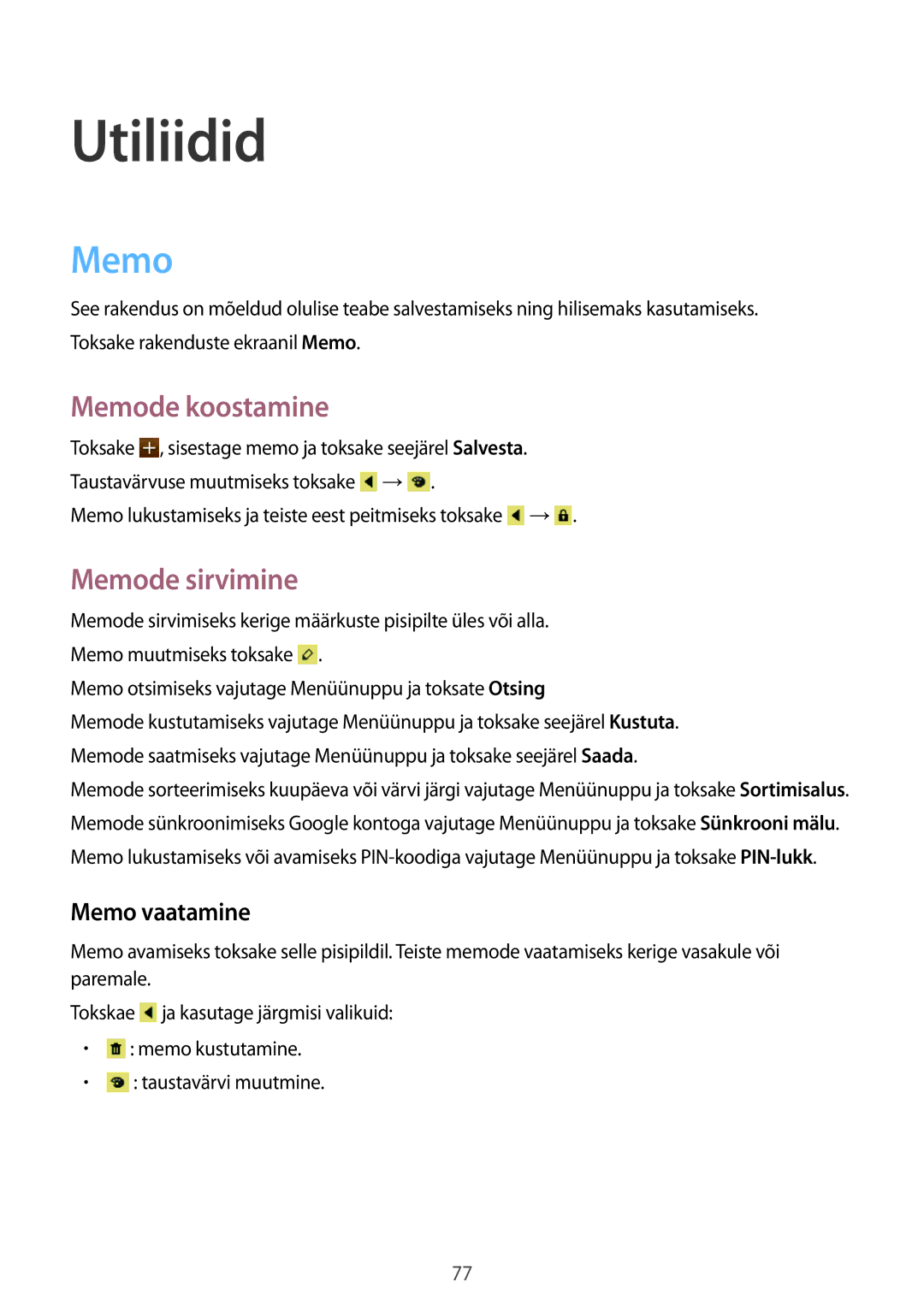 Samsung GT-S7710TAASEB manual Utiliidid, Memode koostamine, Memode sirvimine, Memo vaatamine 