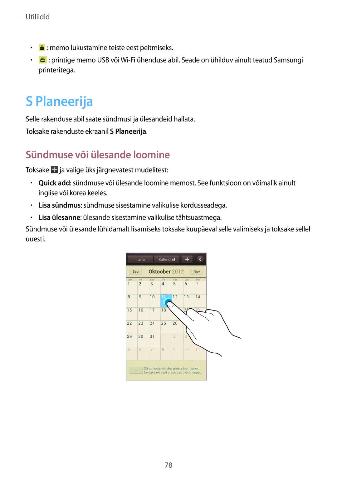 Samsung GT-S7710TAASEB manual Planeerija, Sündmuse või ülesande loomine 