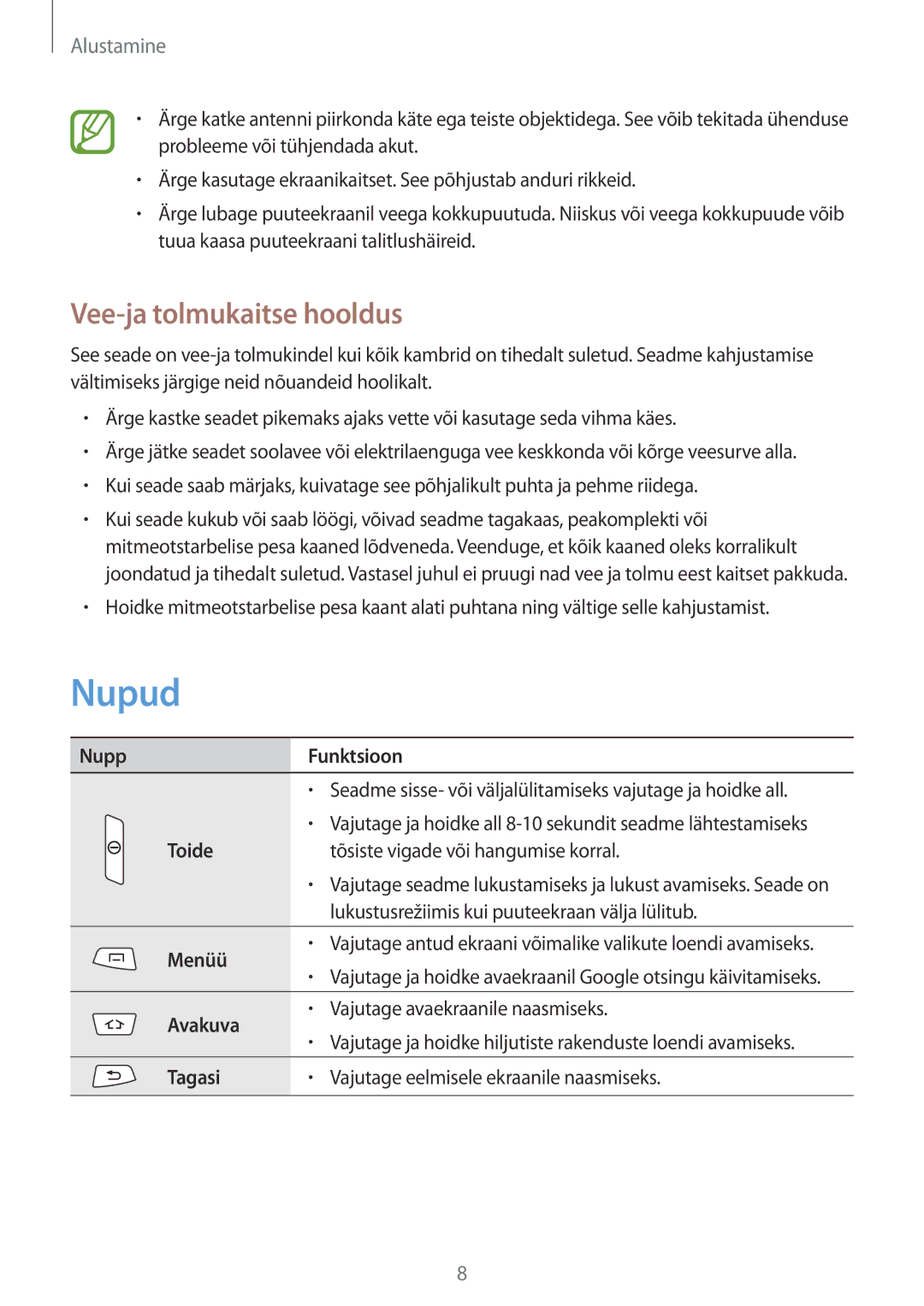 Samsung GT-S7710TAASEB manual Nupud, Vee-ja tolmukaitse hooldus 