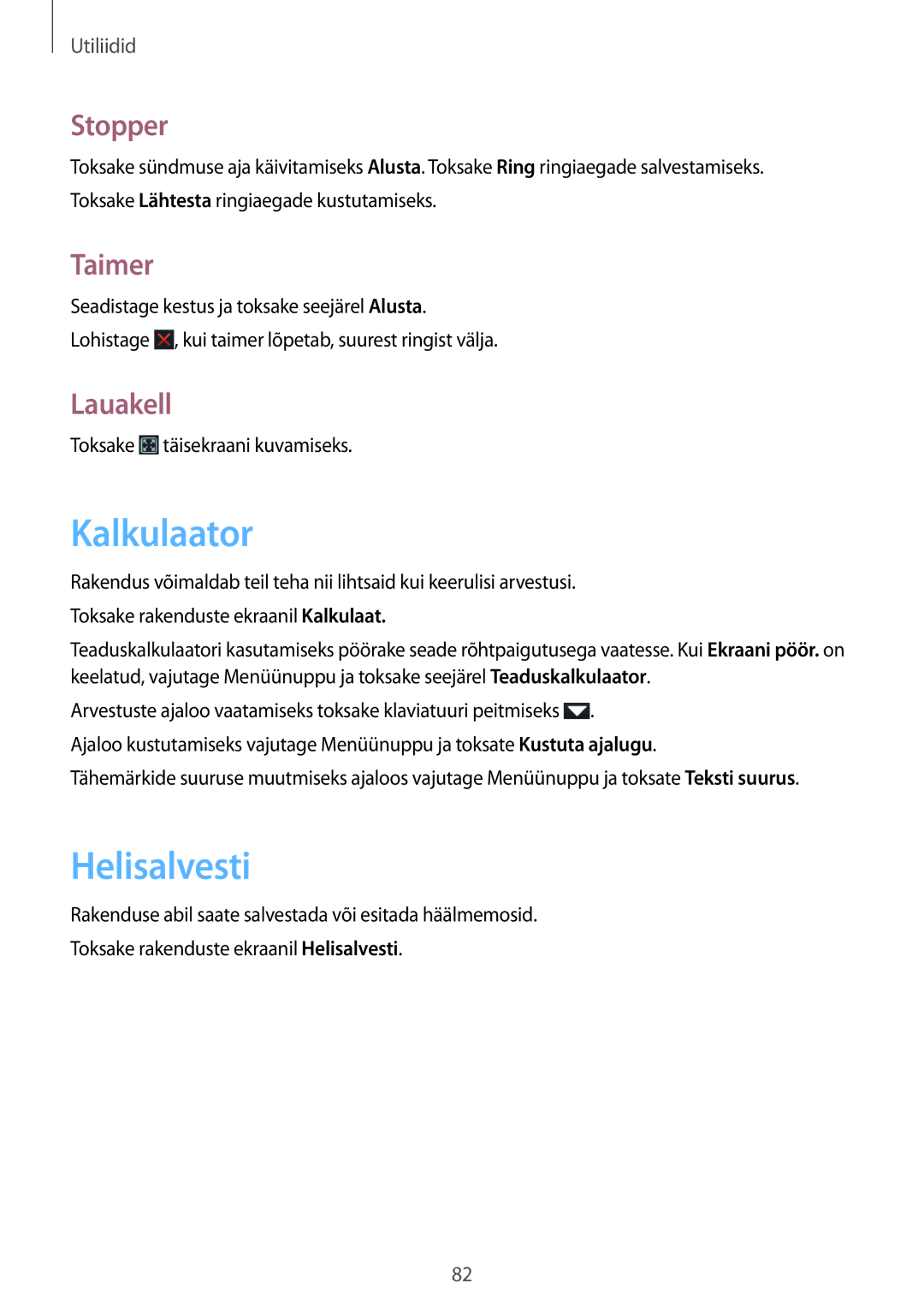 Samsung GT-S7710TAASEB manual Kalkulaator, Helisalvesti, Stopper, Taimer, Lauakell 