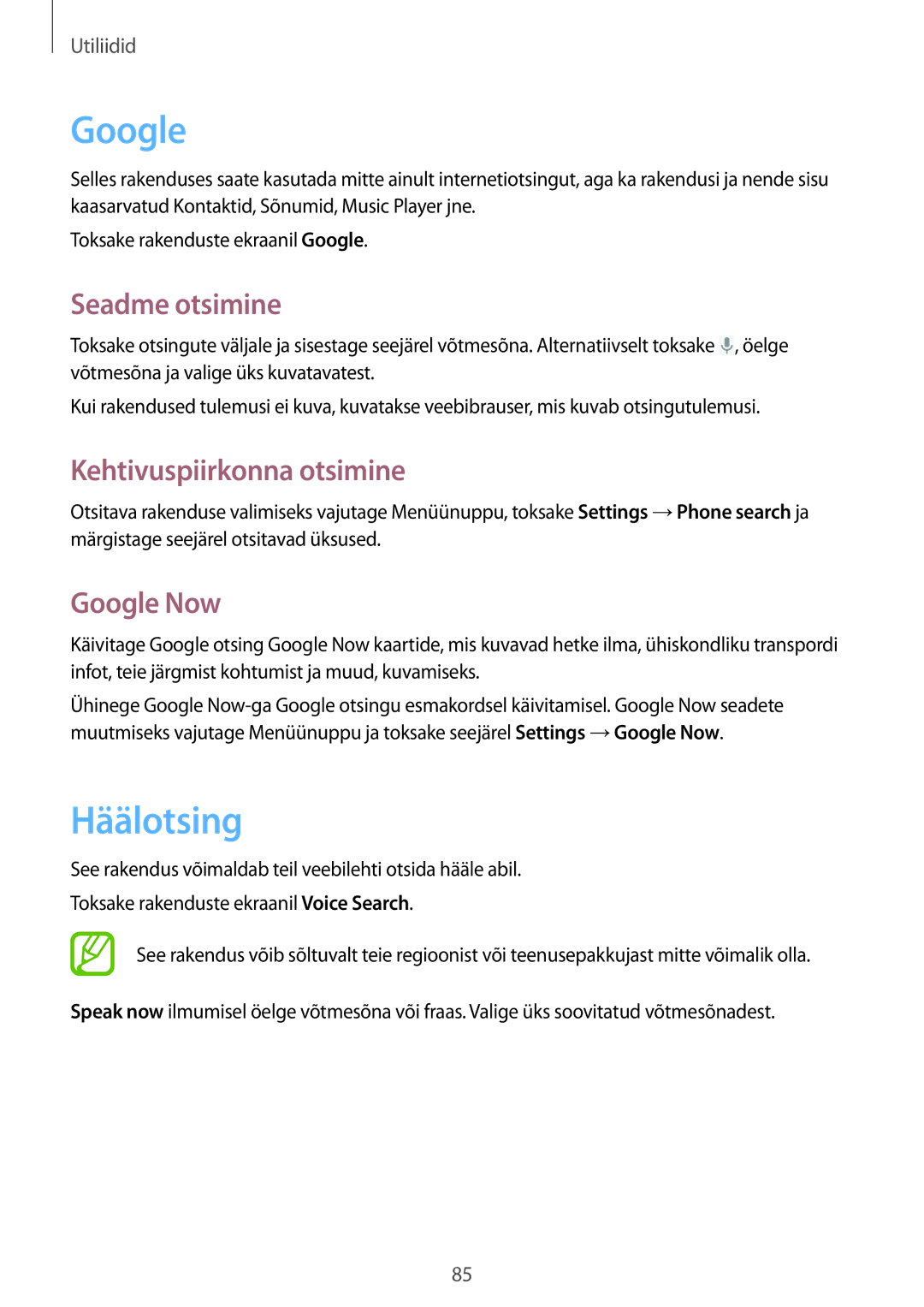 Samsung GT-S7710TAASEB manual Häälotsing, Seadme otsimine, Kehtivuspiirkonna otsimine, Google Now 