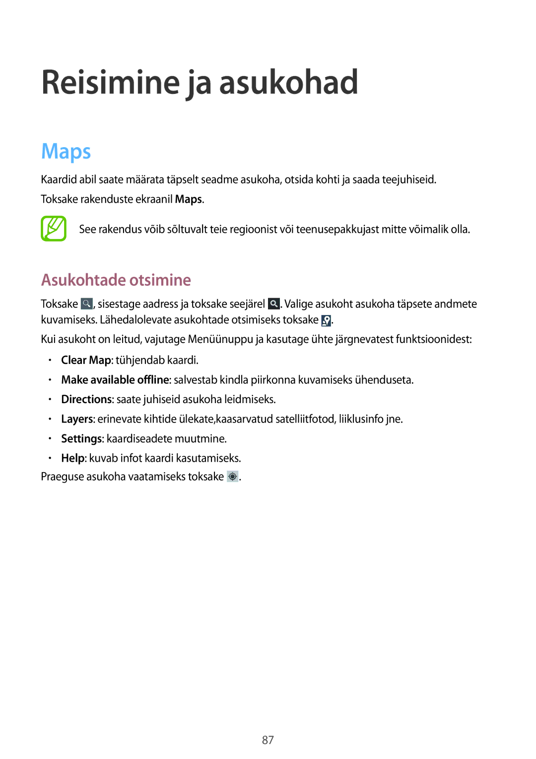 Samsung GT-S7710TAASEB manual Reisimine ja asukohad, Maps, Asukohtade otsimine 